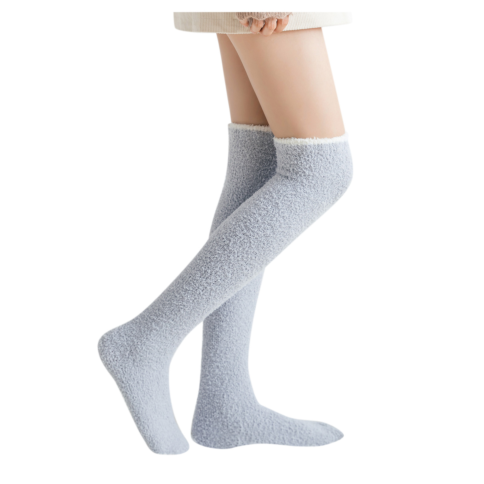 thumbnail image 5 of Calcetines altos hasta la rodilla para mujer, lisos y peludos - Leggings cálidos de invierno hasta el muslo, material de nailon, talla única - Bonitos estampados de dibujos animados, regalo perfecto, 5 of 6